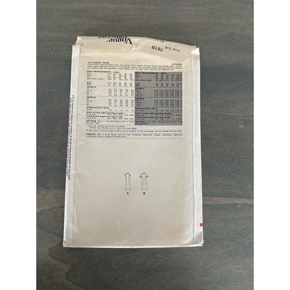 Vogue Patterns Vintage Cut Misses Dress Size 14 Pattern No 7619 - Picture 4 of 8